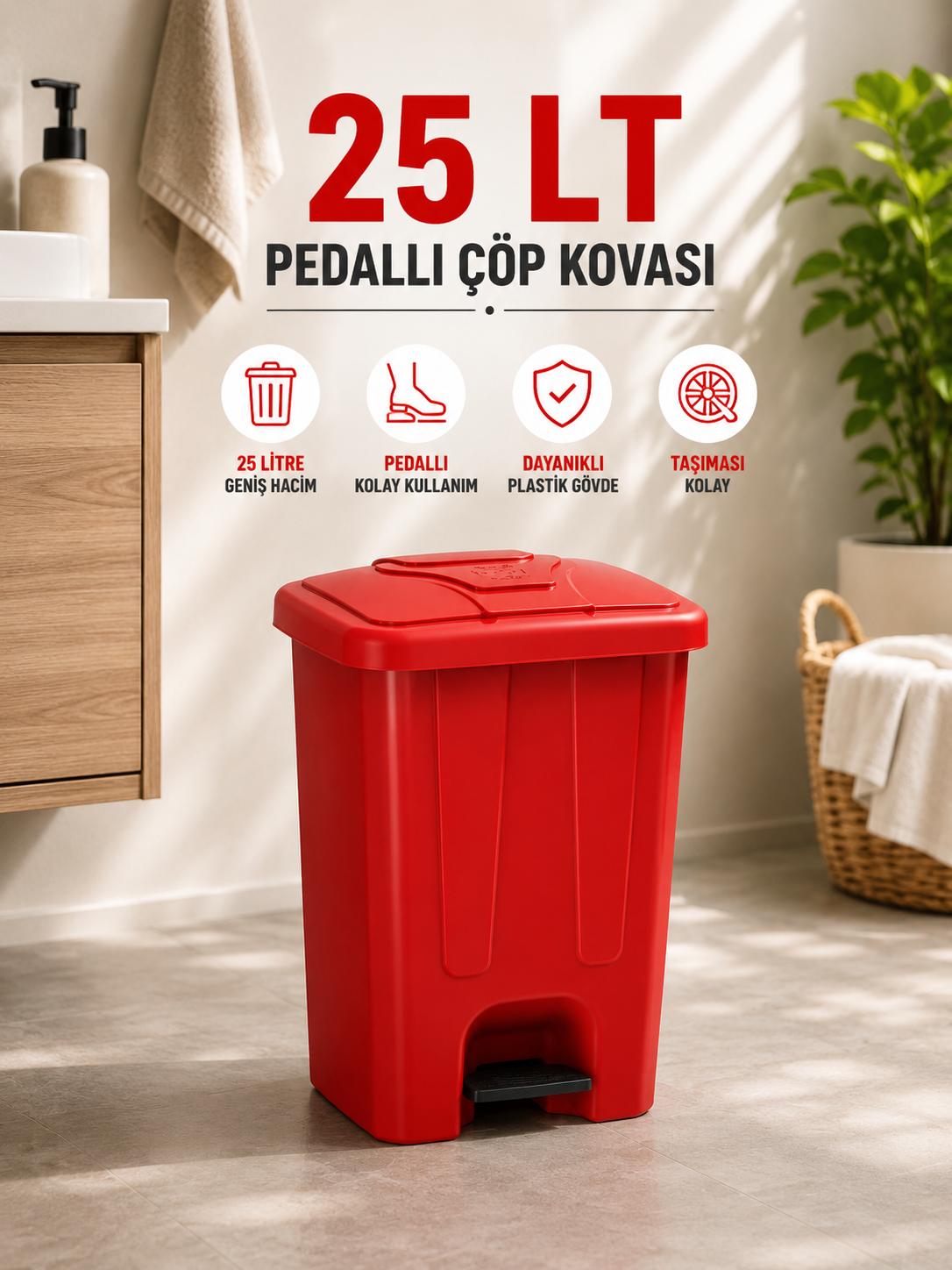 25 Lt Pedallı Çöp Kovası İç Kovasız Kırmızı Renk