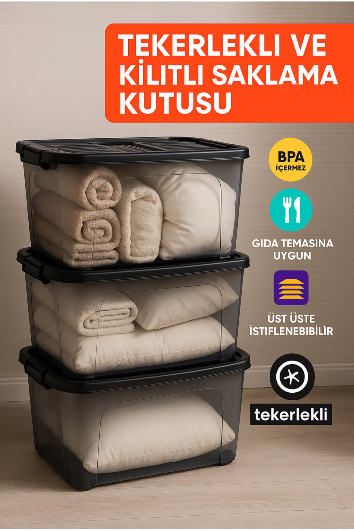 90 LT Saklama Kutusu Kilitli Tekerlekli 3 Adet