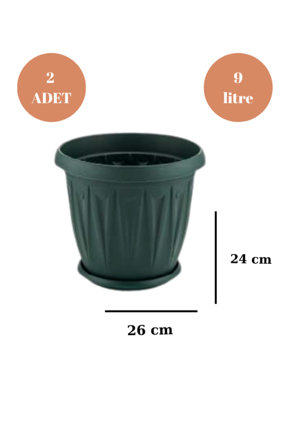 Balkon Saksı Bahçe Saksısı Büyük Boy Yuvarlak Saksı ve Altlığı 9 Litre 2 Adet 26x24 Yeşil