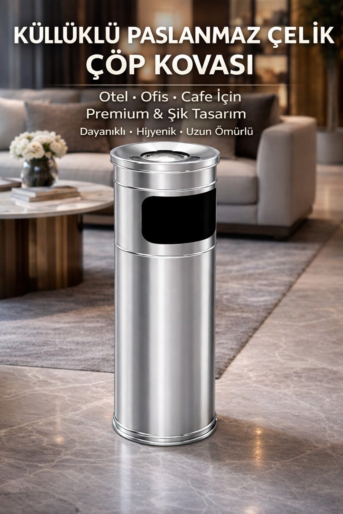 Küllüklü atık Kovası Paslanmaz Çelik | Ofis, Otel, Cafe İçin Premium Metal küllük