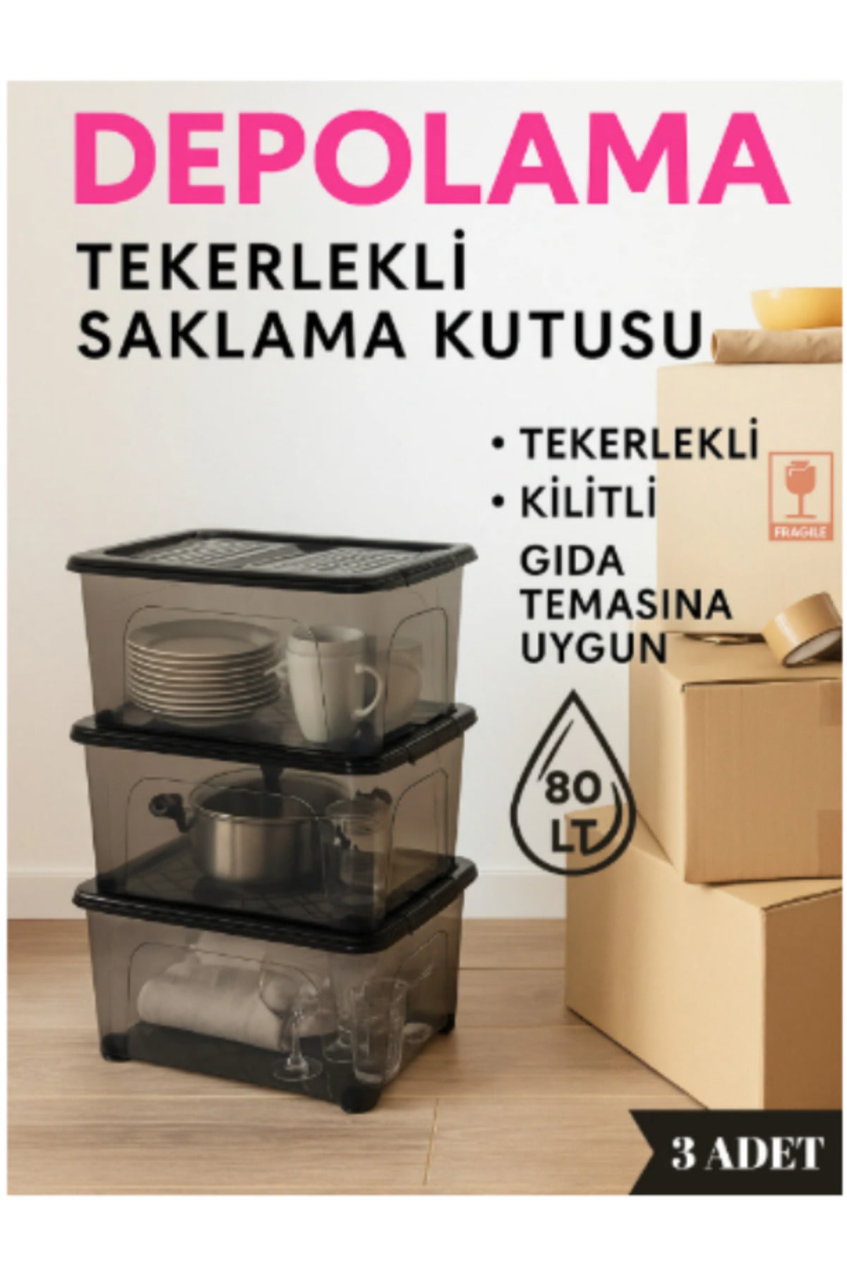 3 Adet Seksen Litre Saklama Kutusu Düzenleme Depolama