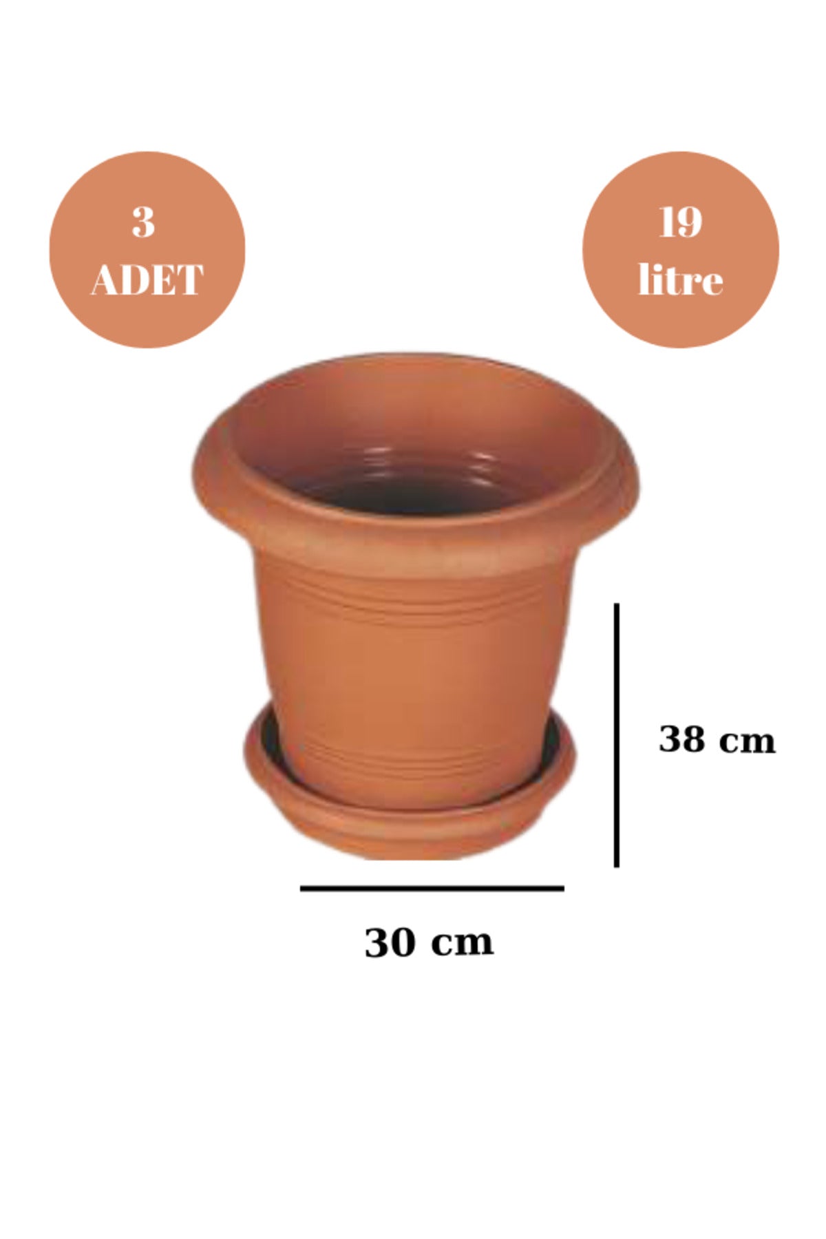 Balkon Saksı Bahçe Saksısı Orta Boy Yuvarlak Saksı ve Altlığı 19 Litre 3 Adet 38x30