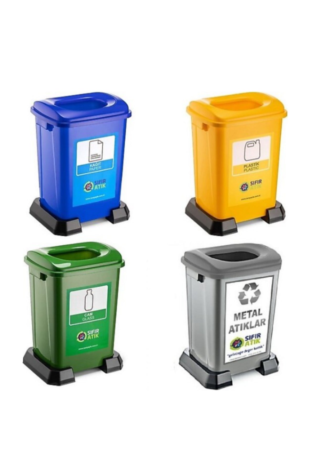 4 Lü Geri Dönüşüm Kutusu Kağıt Atık Plastik Atık Cam ve Sıfır Atık Kutuları 70 lt