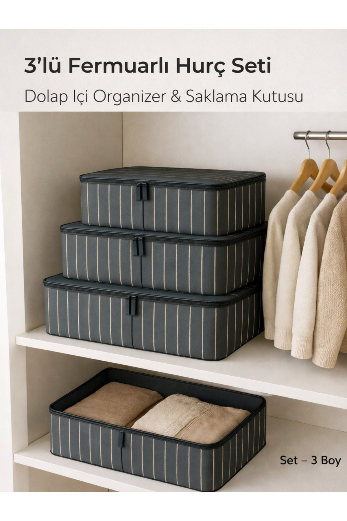 3'lü Fermuarlı Hurç Organizer Seti Dolap İçi Düzenleyici Saklama M-L-XL boyutlarında