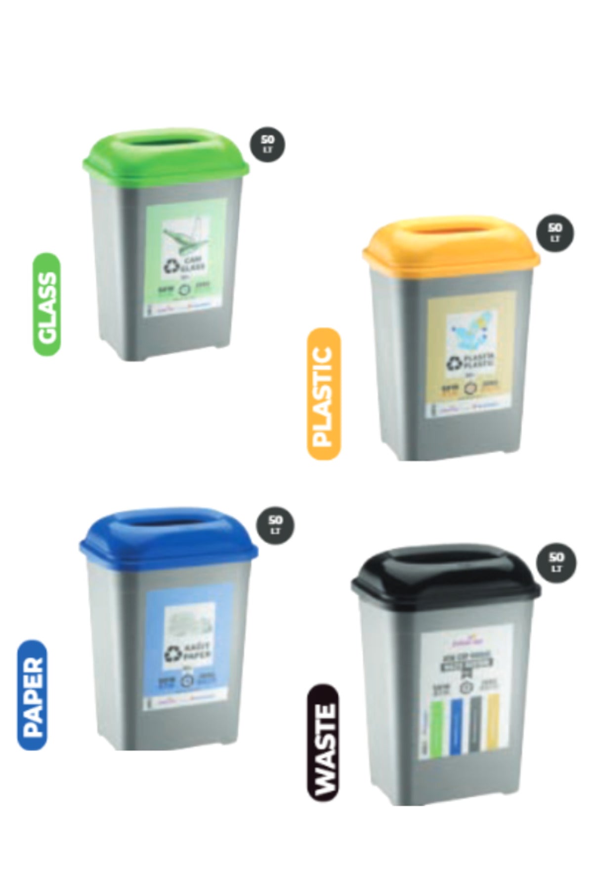 Geri Dönüşüm Atık Kağıt Atık Plastik Atık Cam Atık 4'lü Geri Dönüşüm Sıfır Atık Kutuları 50 LT
