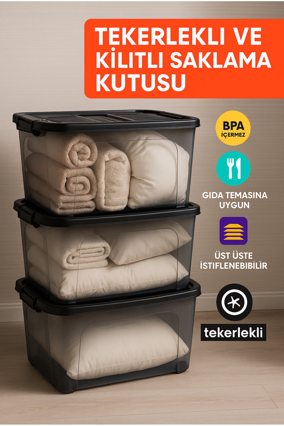 90 LT Saklama Kutusu Kilitli Tekerlekli 3 Adet