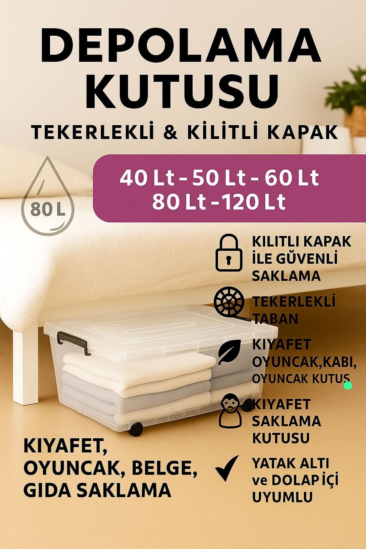 Tekerlekli 80LT Saklama Kutusu 3 Adet Kilitli Kapaklı Şeffaf Organizer Kutu Kıyafet,Oyuncak,Depolama