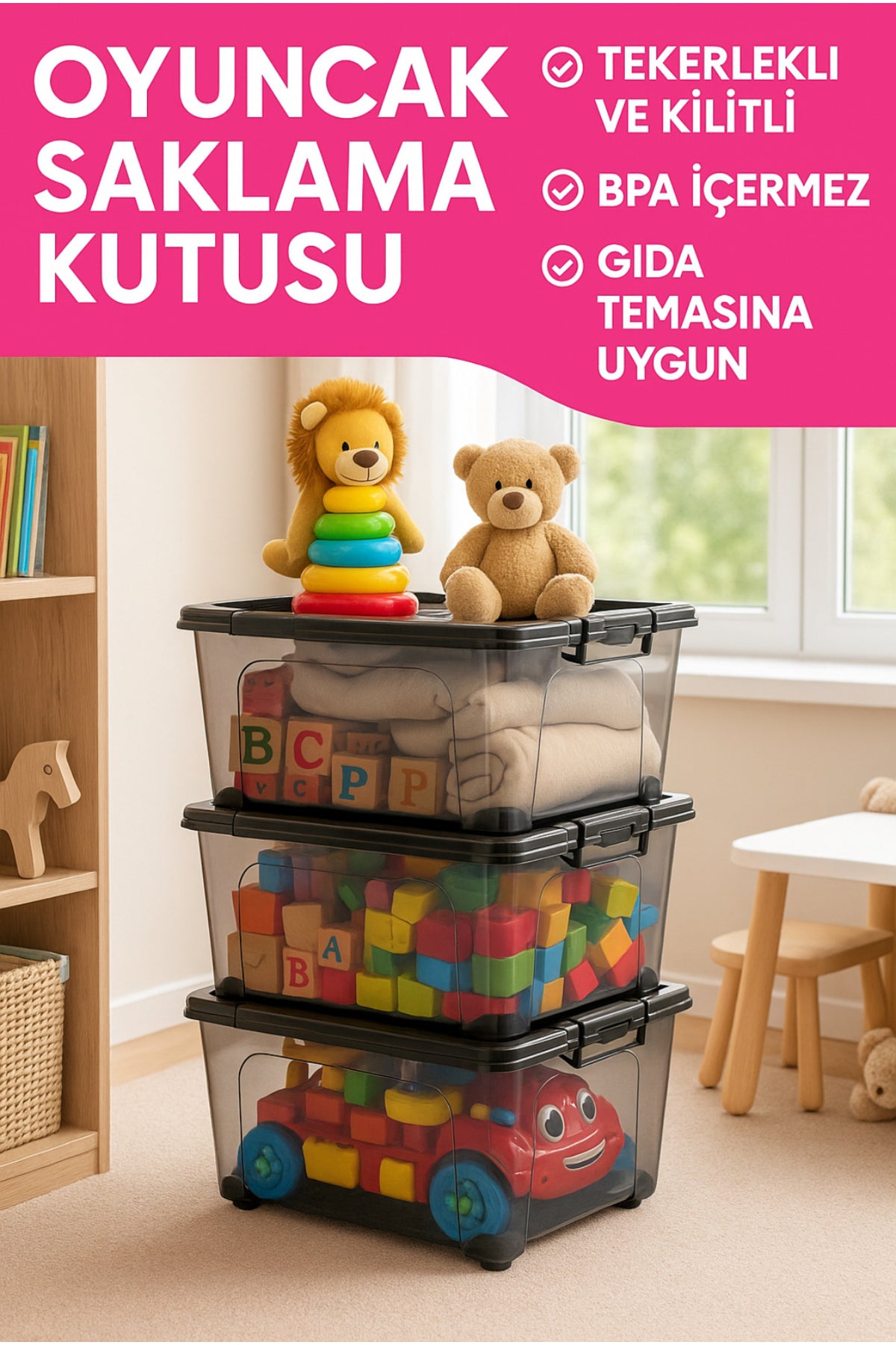 90 LT Saklama Kutusu Kilitli Tekerlekli 3 Adet Düzenleyici