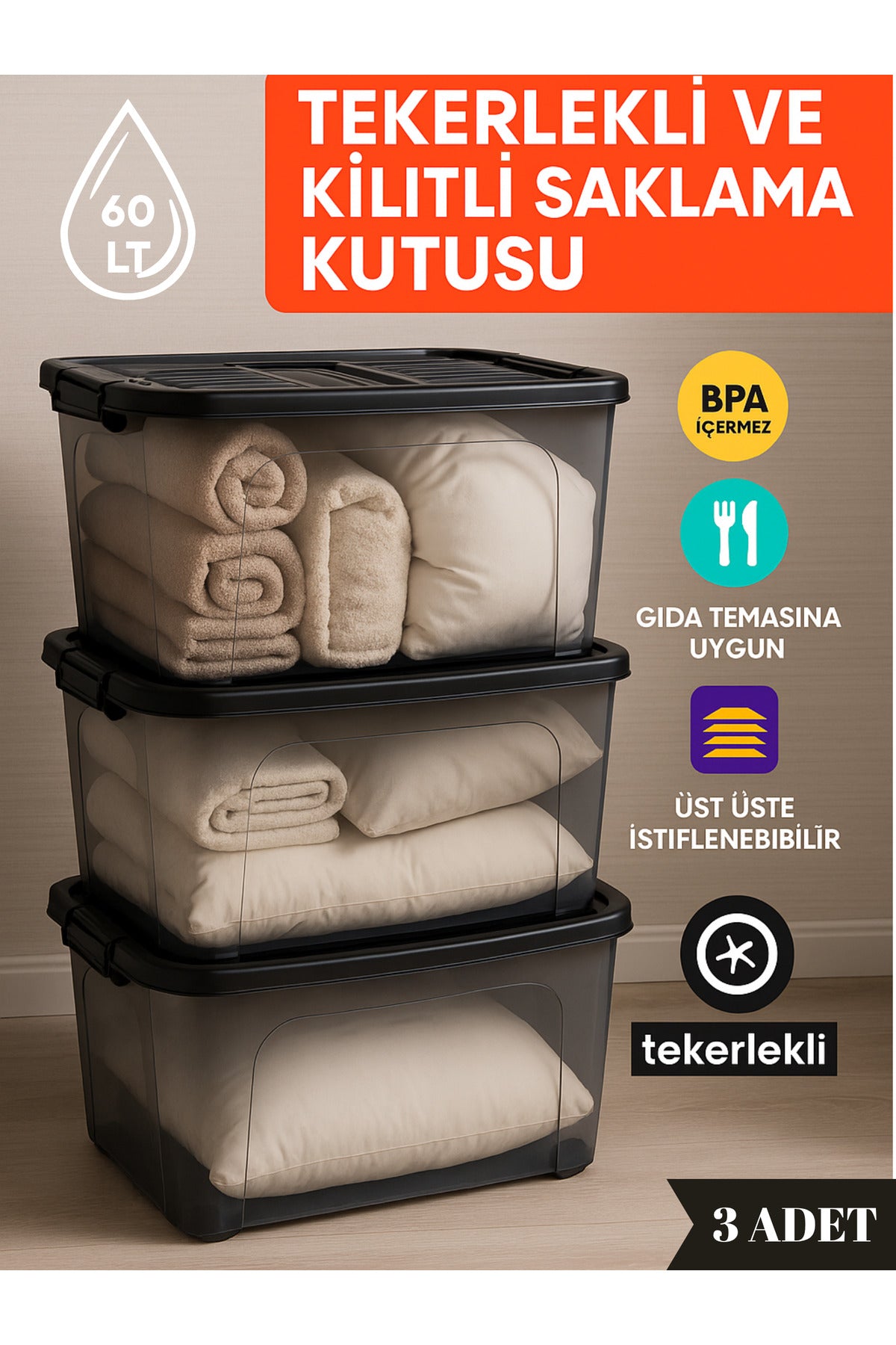 60 LT Tekerlekli Kilitli Saklama Kutusu 3’lü Set Kapaklı Şeffaf BPA İçermez Üst Üste İstiflenebilir