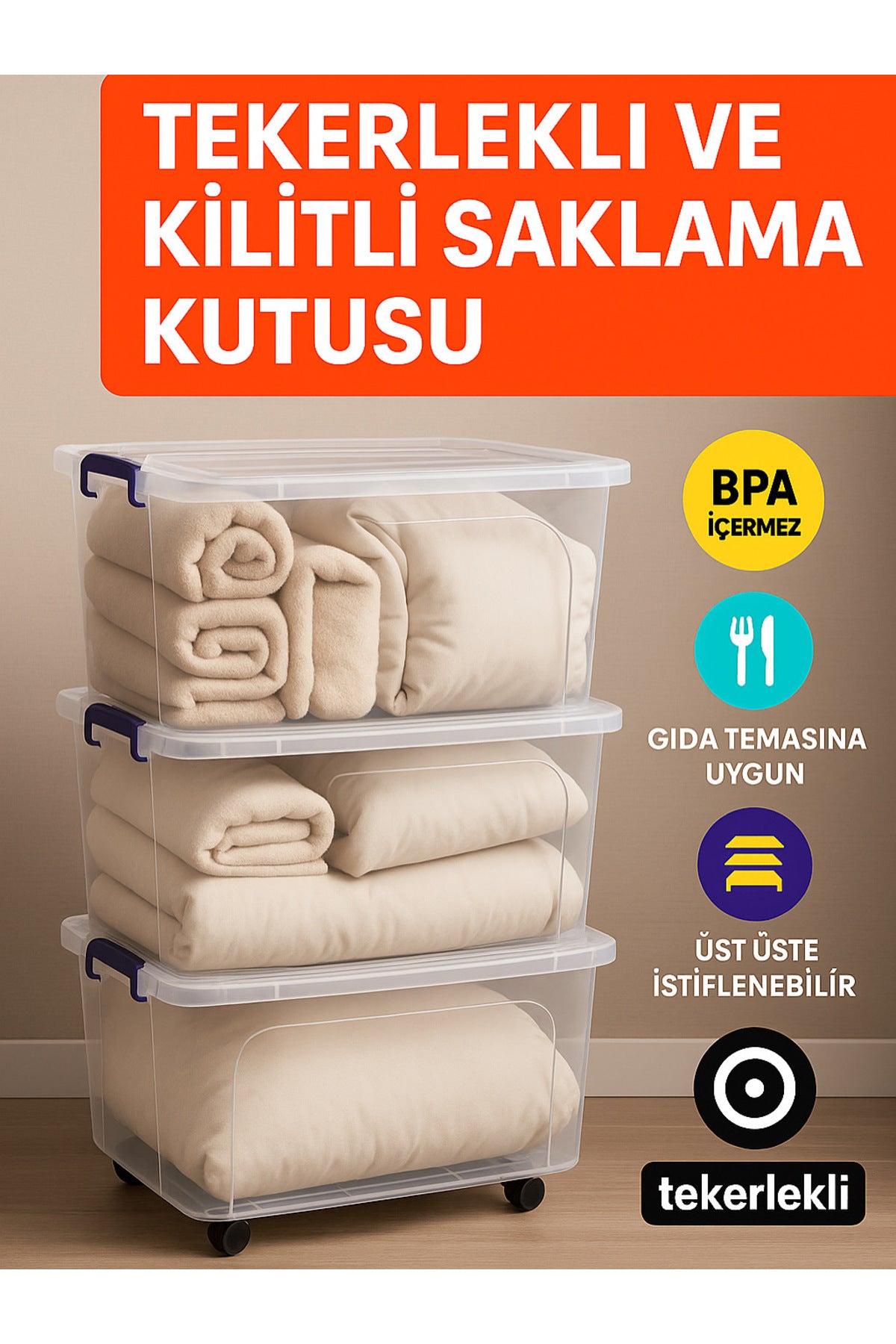 55 LT Saklama Kutusu Kilitli Tekerlekli 3 Adet Organizer-Şeffaf