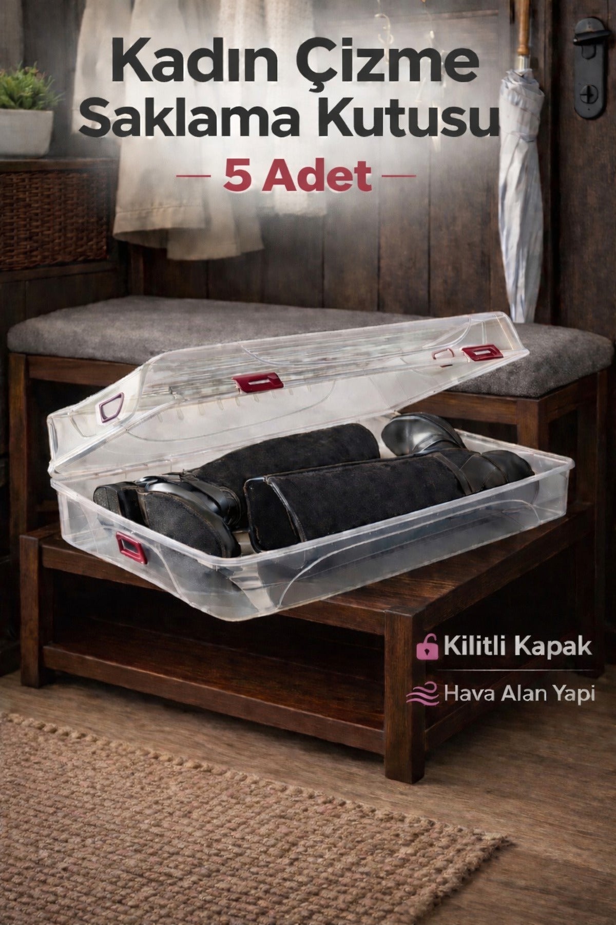 Kadın Çizme Saklama Kutusu – Kilitli Kapaklı, Hava Alan Şeffaf Çizme Kutusu 5 Adet
