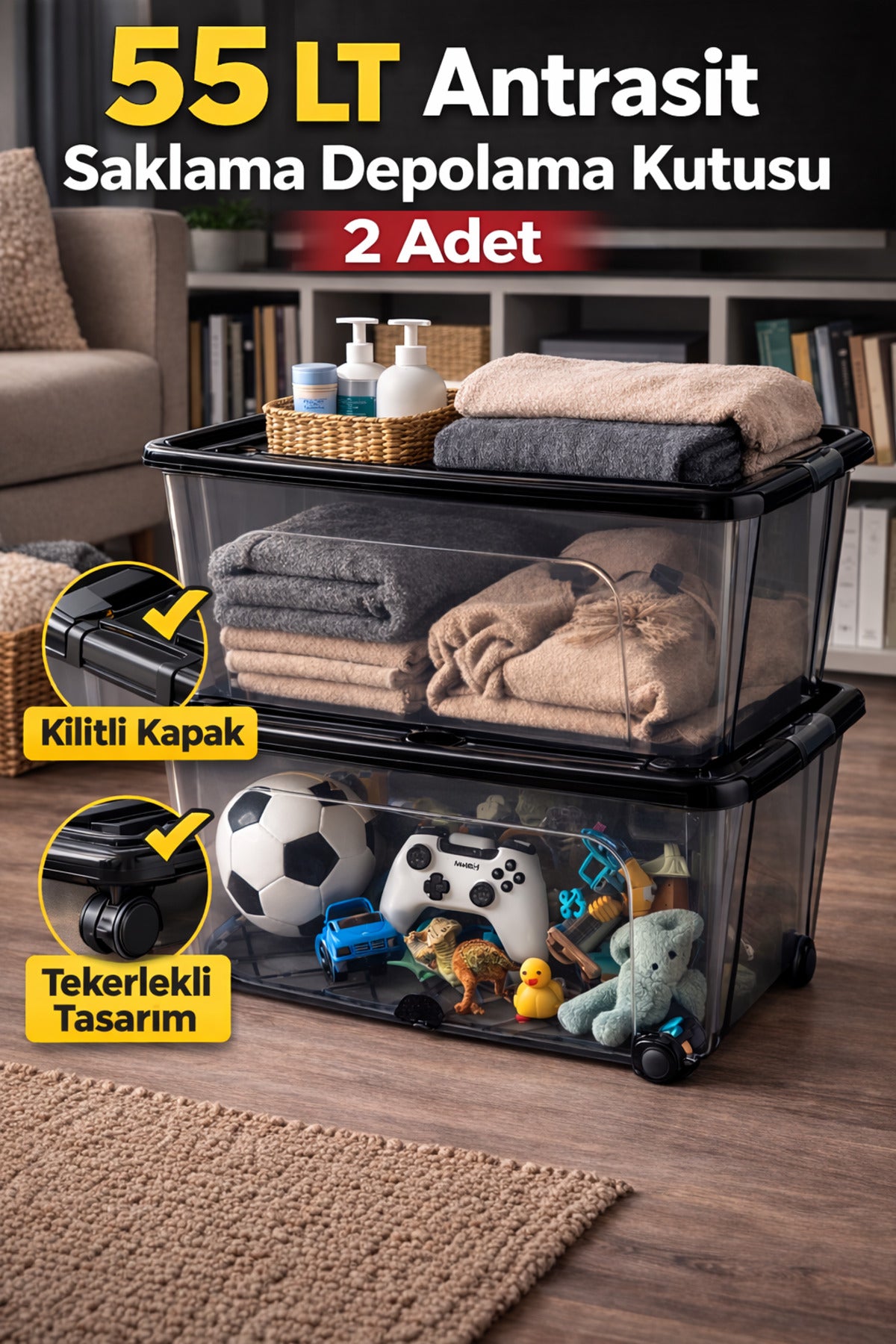 60 LT Antrasit Saklama Kutusu – Kilitli Kapaklı, Tekerlekli Depolama Kutusu (2 Adet)