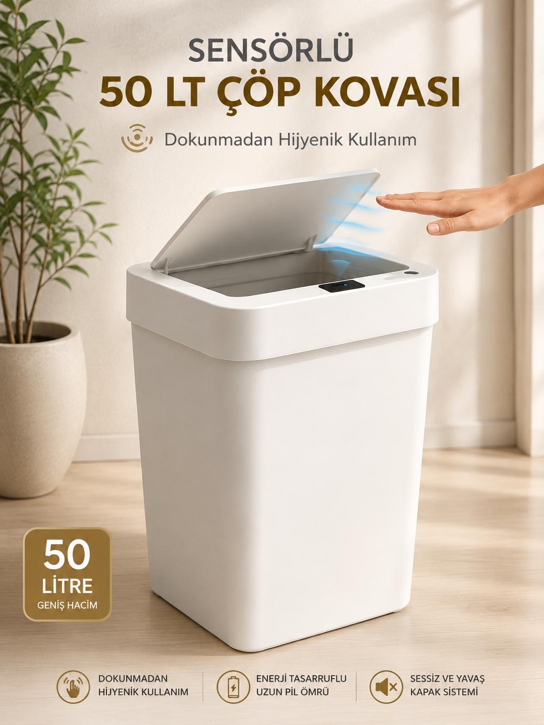 50 LT Sensörlü Akıllı Çöp Kovası Dokunmadan Açılan Otomatik Kapaklı Pilli Hijyenik Çöp Kutusu Beyaz
