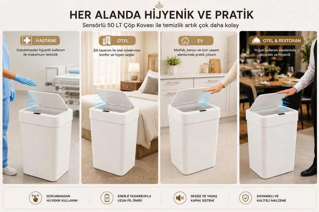 50 LT Sensörlü Akıllı Çöp Kovası Dokunmadan Açılan Otomatik Kapaklı Pilli Hijyenik Çöp Kutusu Beyaz