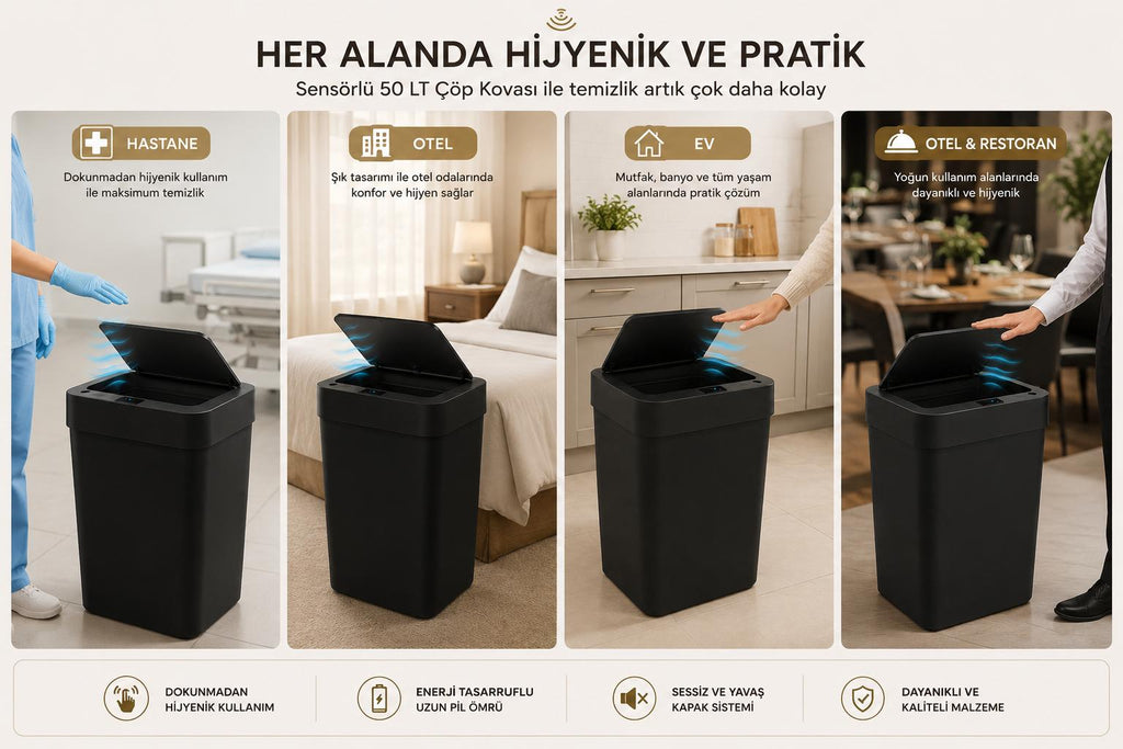 50 LT Sensörlü Akıllı Çöp Kovası Dokunmadan Açılan Otomatik Kapaklı Pilli Hijyenik Çöp Kutusu Siyah