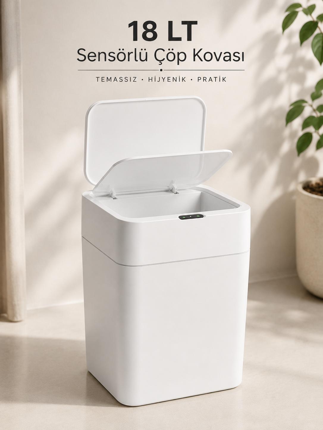 18 LT Sensörlü Çöp Kovası Otomatik Kapaklı Temassız Çöp Kutusu Beyaz