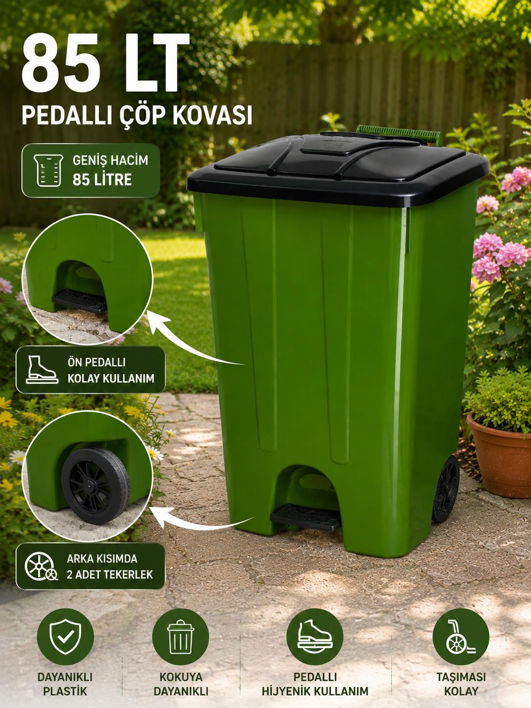 85 Lt Pedallı Tekerlekli Çöp Kovası İç Kovasız Yeşil Renk