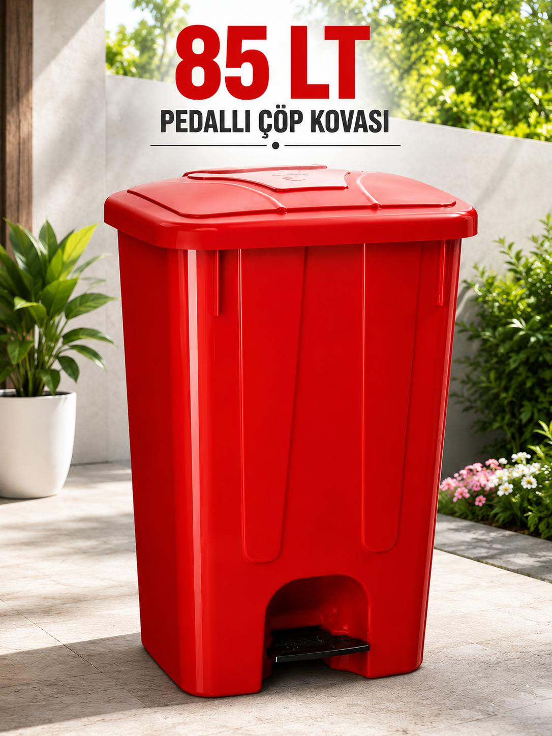 85 Lt Pedallı Tekerlekli Çöp Kovası İç Kovasız Kırmızı Renk