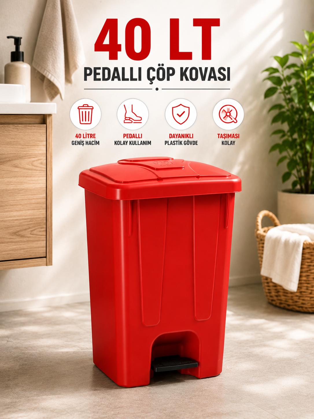 40 Lt Pedallı Çöp Kovası İç Kovasız Kırmızı Renk