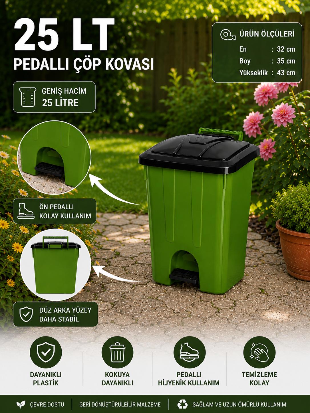 25 Lt Pedallı Çöp Kovası İç Kovasız Yeşil Renk