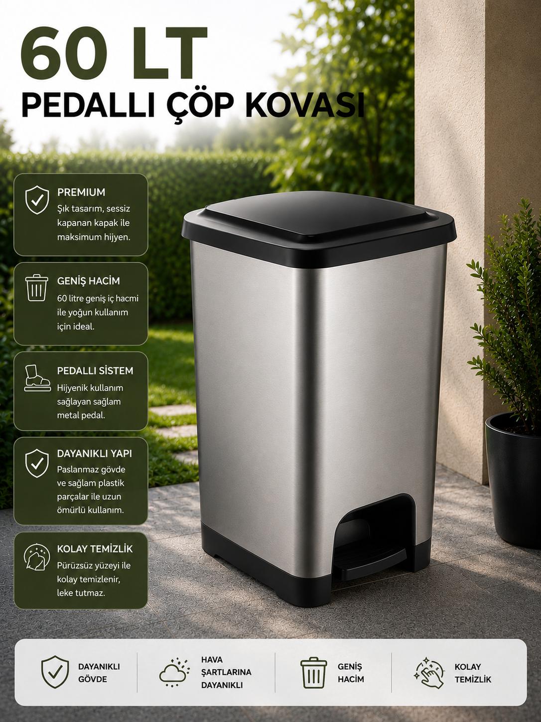 60 LT Slim Pedallı Çöp Kovası Gri - Siyah