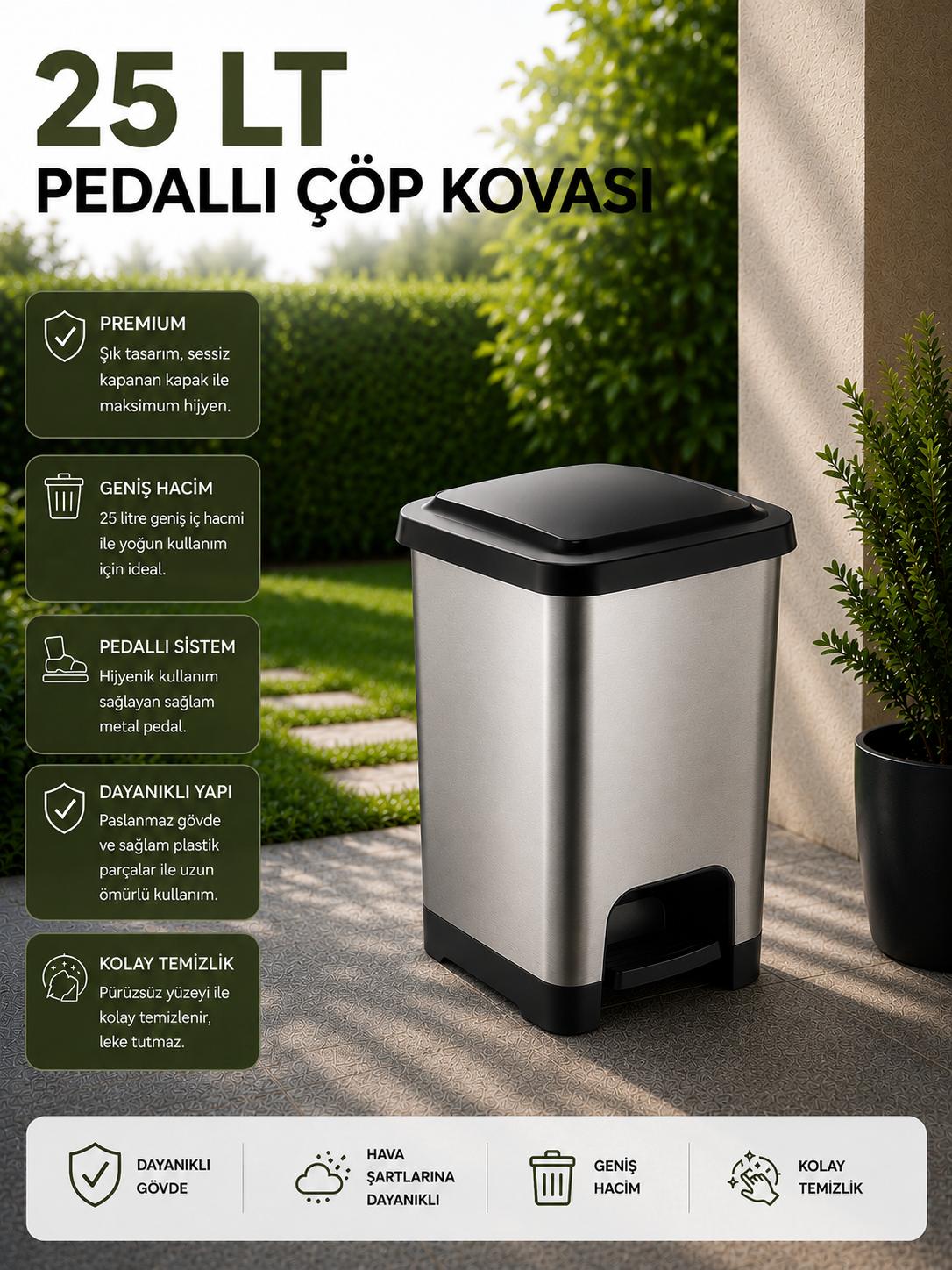 25 LT Slim Pedallı Çöp Kovası Gri - Siyah