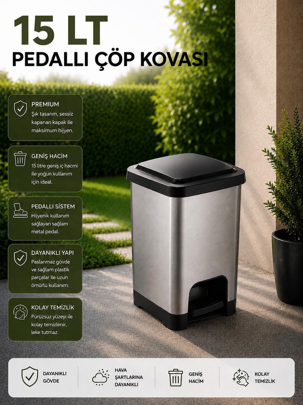 15 LT Slim Pedallı Çöp Kovası Gri - Siyah