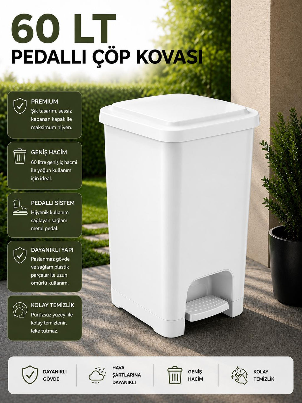 60 Lt Slim Pedallı Çöp Kovası Beyaz