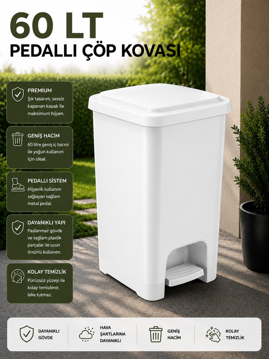 60 Lt Slim Pedallı Çöp Kovası Beyaz