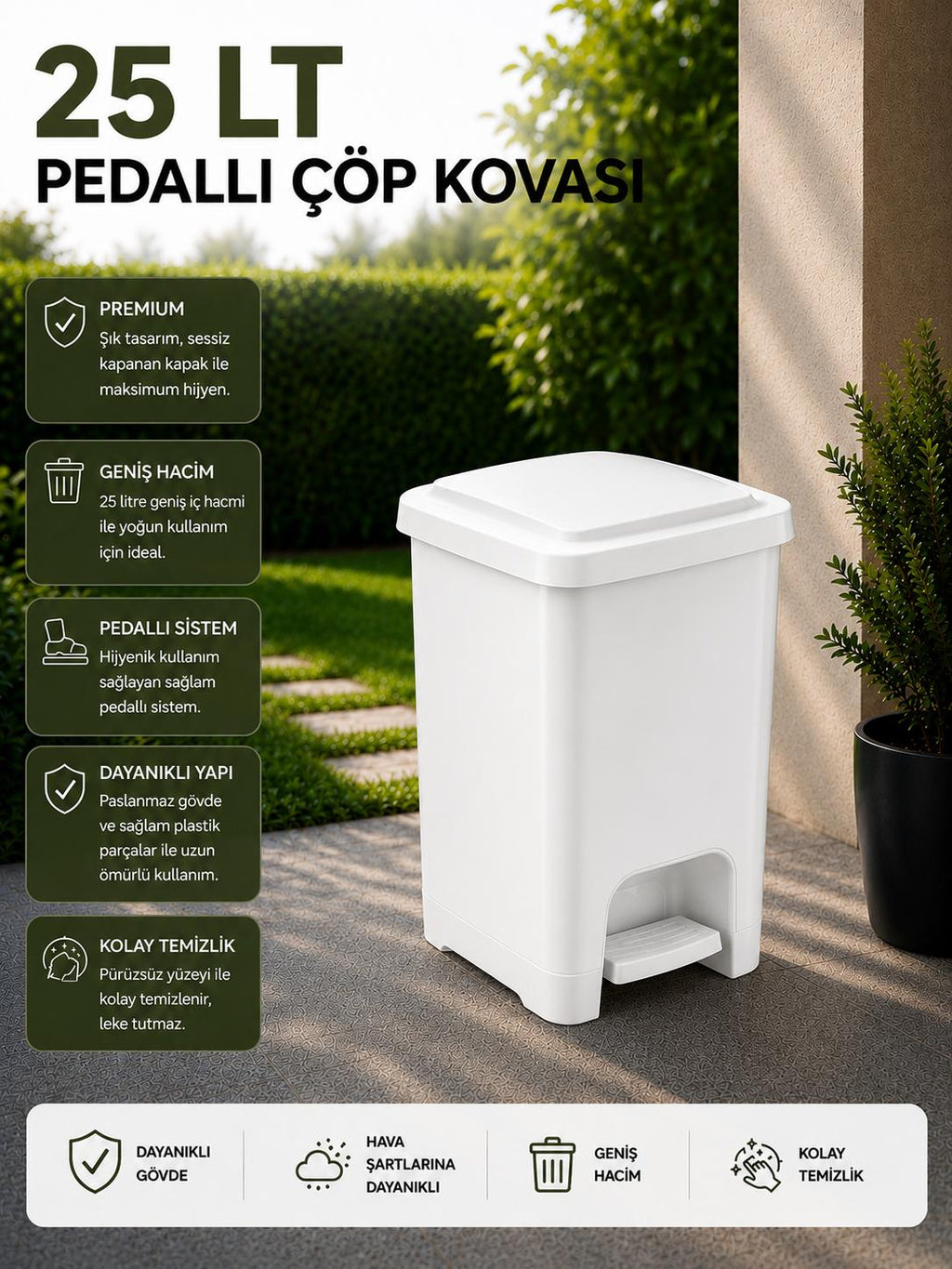 25 Lt Slim Pedallı Çöp Kovası Beyaz