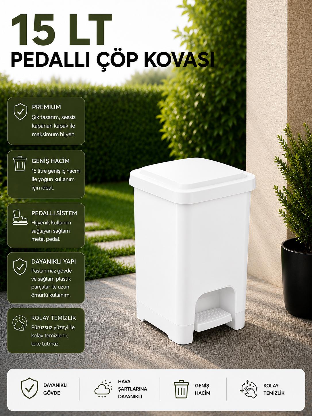 15 Lt Slim Pedallı Çöp Kovası Beyaz
