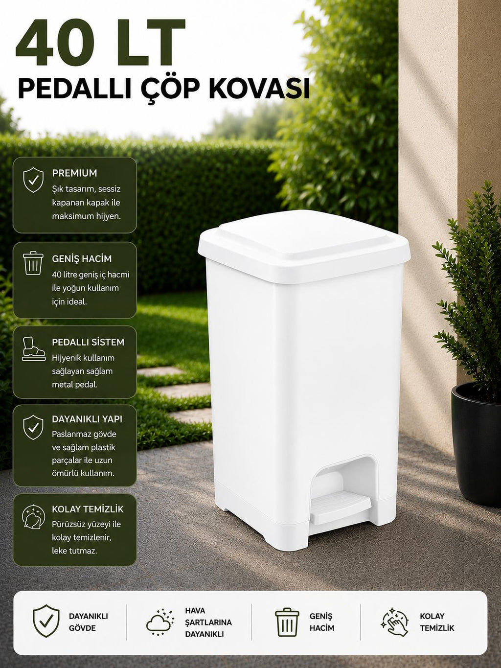 40 Lt Slim Pedallı Çöp Kovası Beyaz