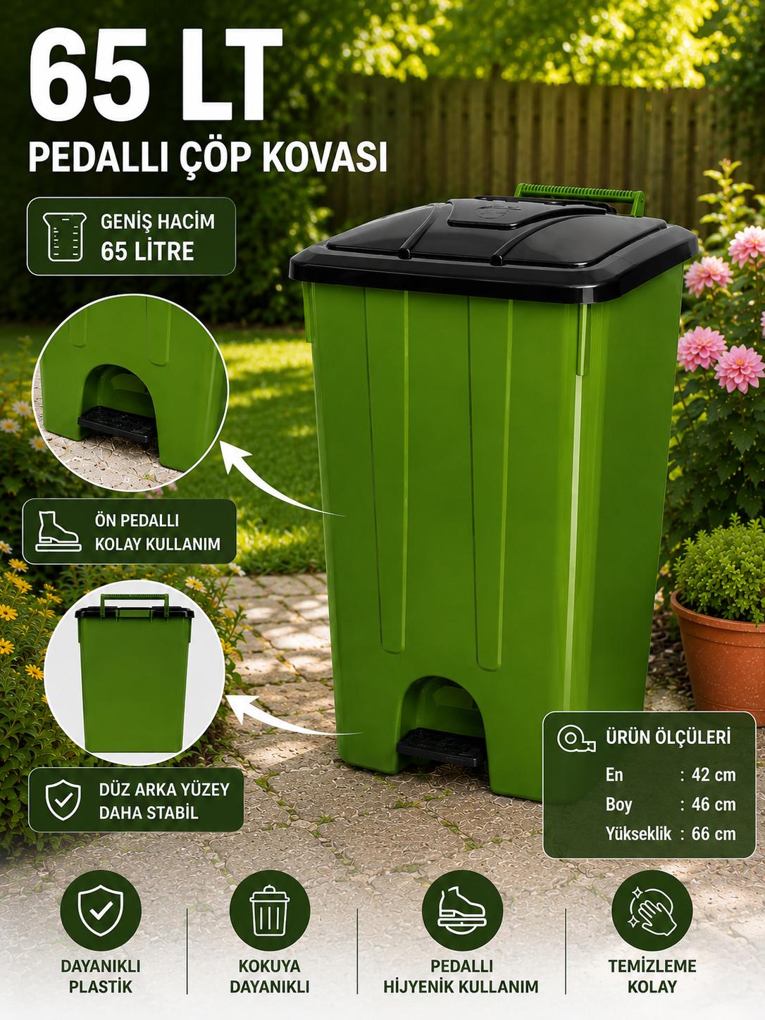 65 Lt Pedallı Çöp Kovası İç Kovasız Yeşil Renk