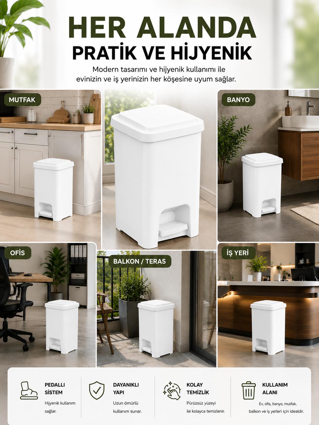 15 Lt Slim Pedallı Çöp Kovası Beyaz