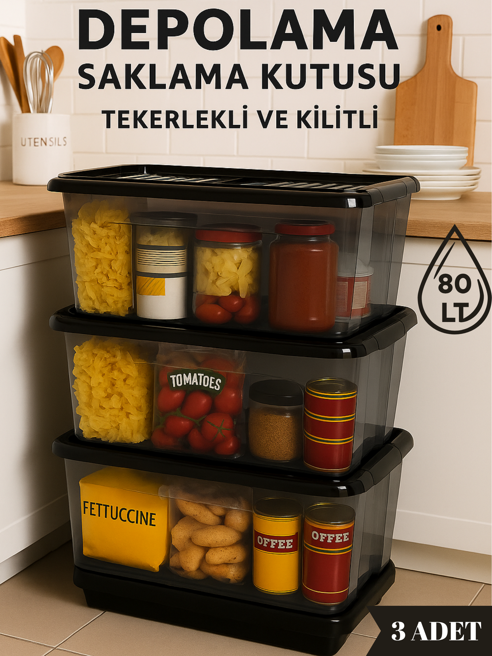 80 LT Tekerlekli ve Kilitli Depolama Saklama Kutusu - 3'lü Set