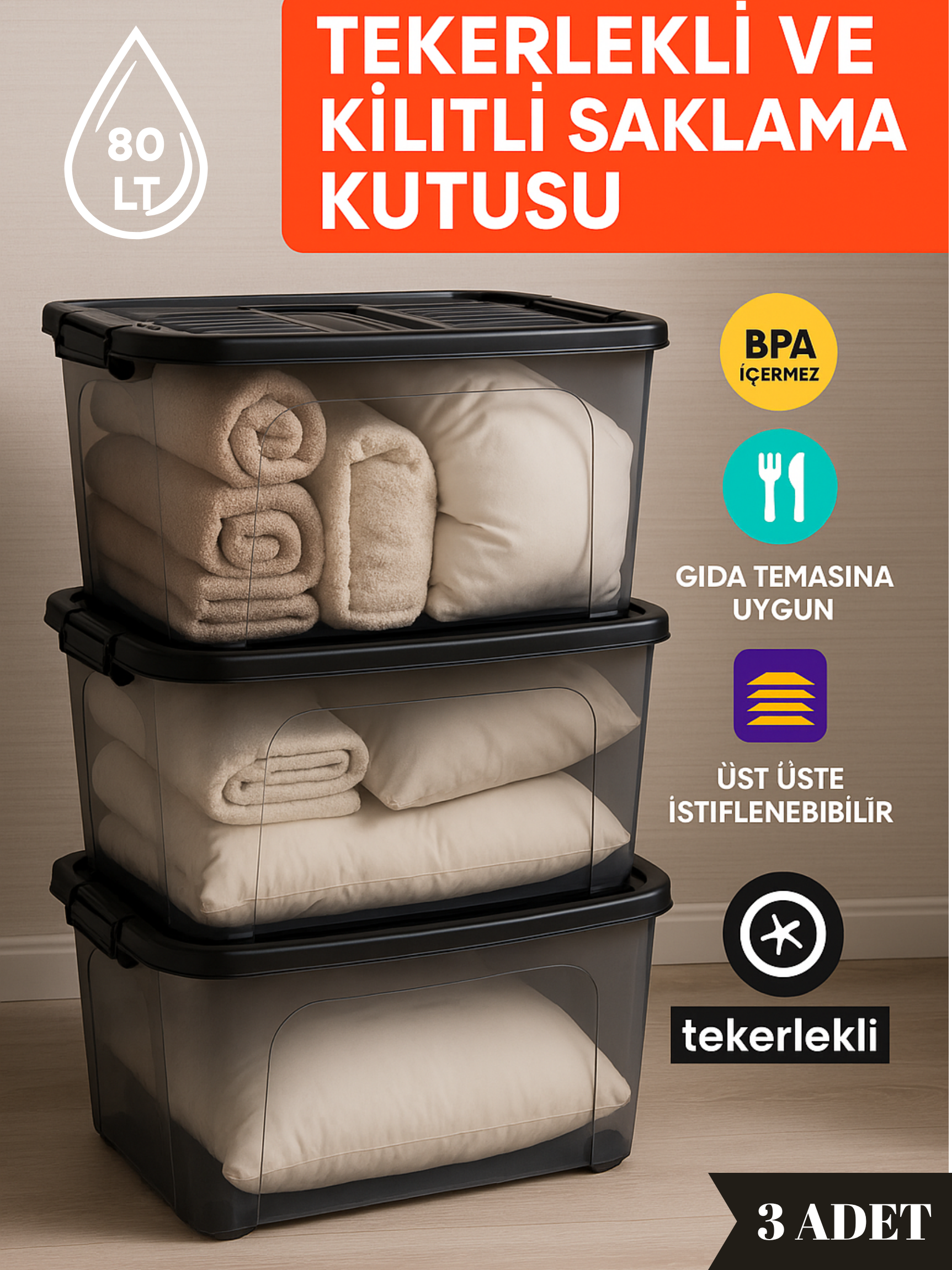 80 LT Tekerlekli ve Kilitli Saklama Kutusu - 3'lü Set