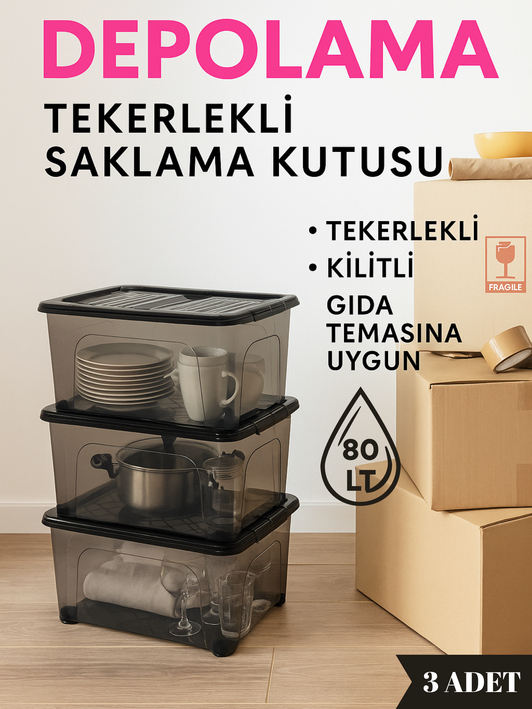 80 LT Tekerlekli Kilitli Saklama Kutusu - 3'lü Set