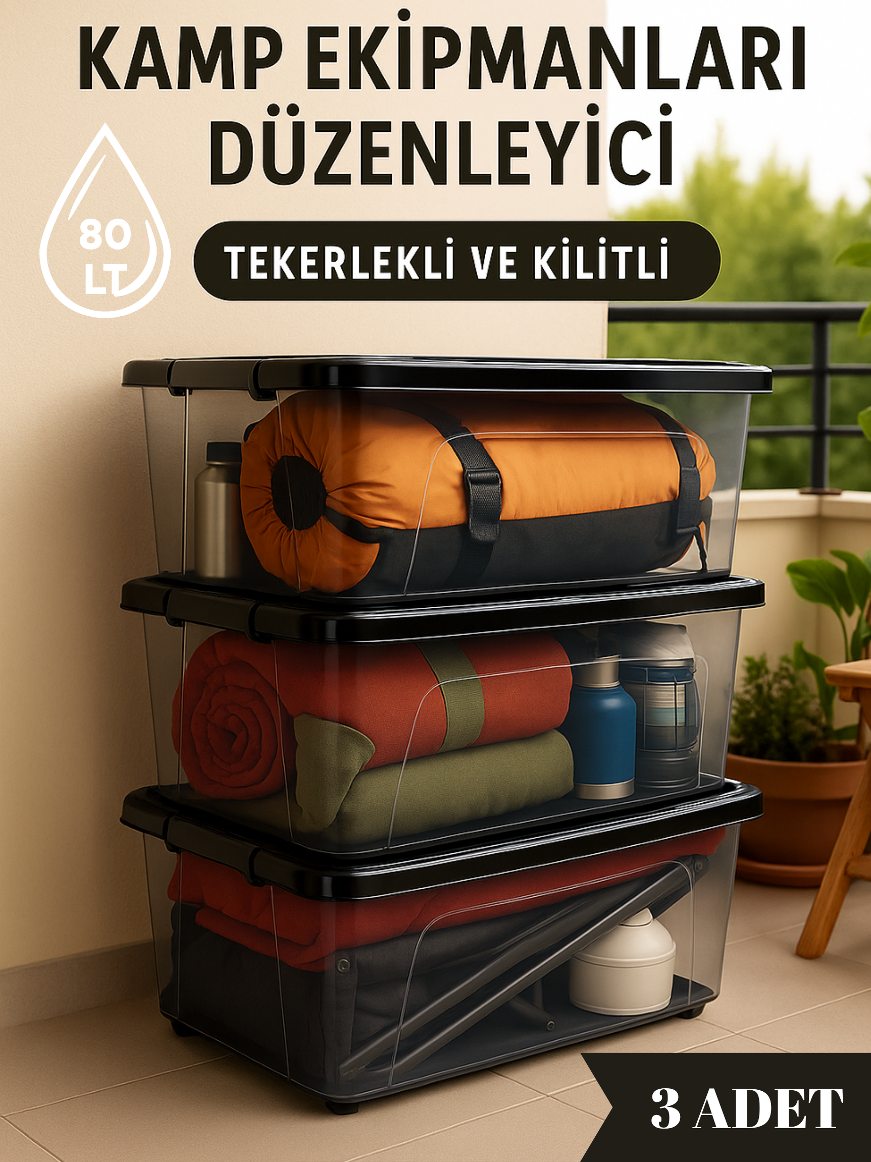 80 LT Tekerlekli Kilitli Kamp Saklama Kutusu - 3'lü Set (Kopya)