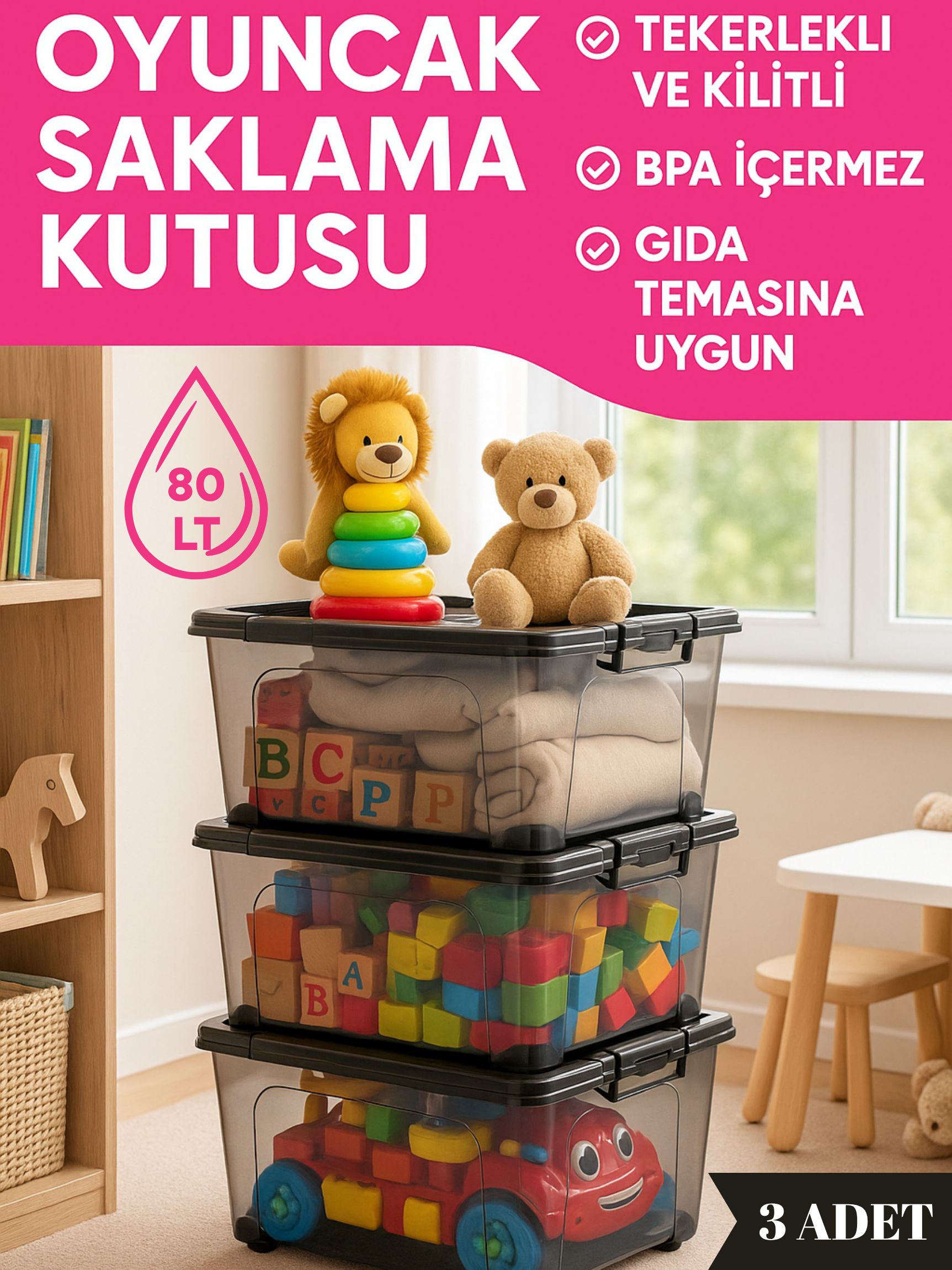 80 LT Tekerlekli Kilitli Oyuncak Saklama Kutusu - 3'lü Set